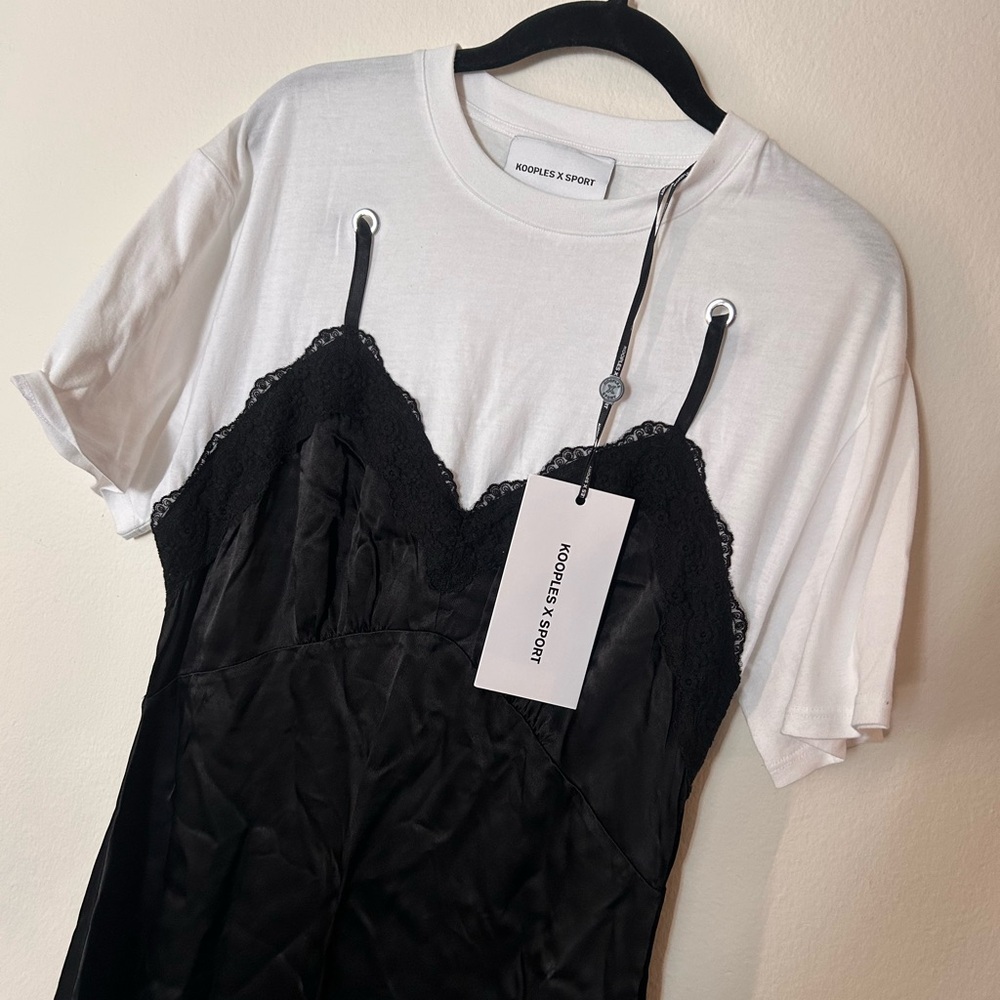 The Kooples x Sport Black Lace-Trim Slip Dress with White Tee Femme Romantic